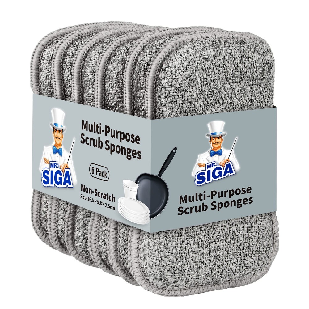 MR.SIGA Dual-Sided Scrub Sponges, Long lasting, Reusable 6.5*3.8*1.0 in, Gray