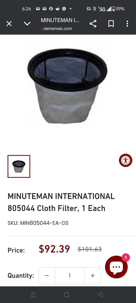 MINUTEMAN INTERNATIONAL 805044 Cloth Filter