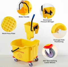 Yellow Commercial Mop Bucket 35 Quart Large with Side Press Wringer and Wheels