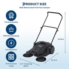 Walk-Behind Hand Push Floor Sweeper 25.6″ Wide Manual Sweeper 5-Gallon Waste Bin