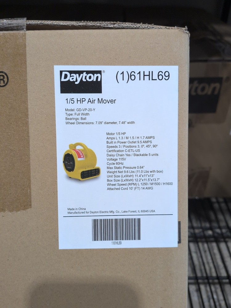 Dayton 61Hl69 Portable Dryer, 700 Cfm, Fixed Frame, 3 Speed, 1/5 Hp, 115V Ac,