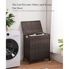 Rattan Laundry Hamper w/ Lid 2 Compartments Liners 112L Brown