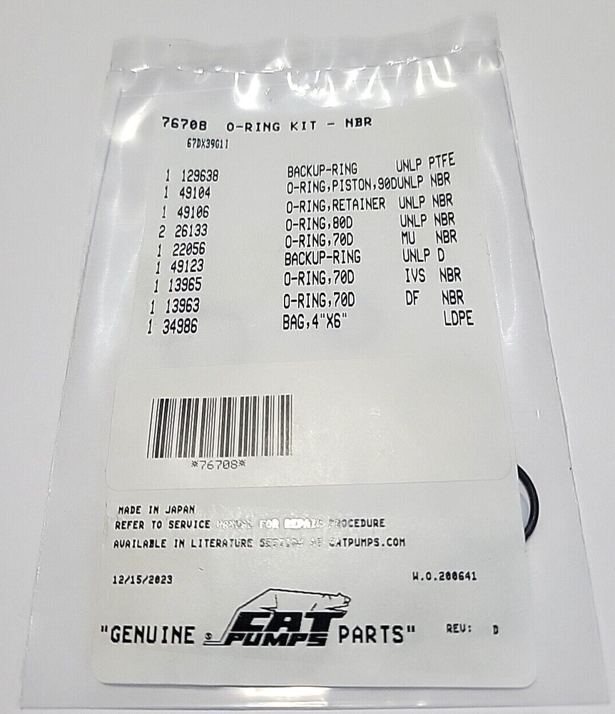 #76708 Cat Pumps Unloader O-ring Kit Cat , 67DX39G1I Pumps OEM