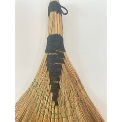Vintage Style Handcrafted Natural Straw Whisk Broom Black Twine Green Stitching