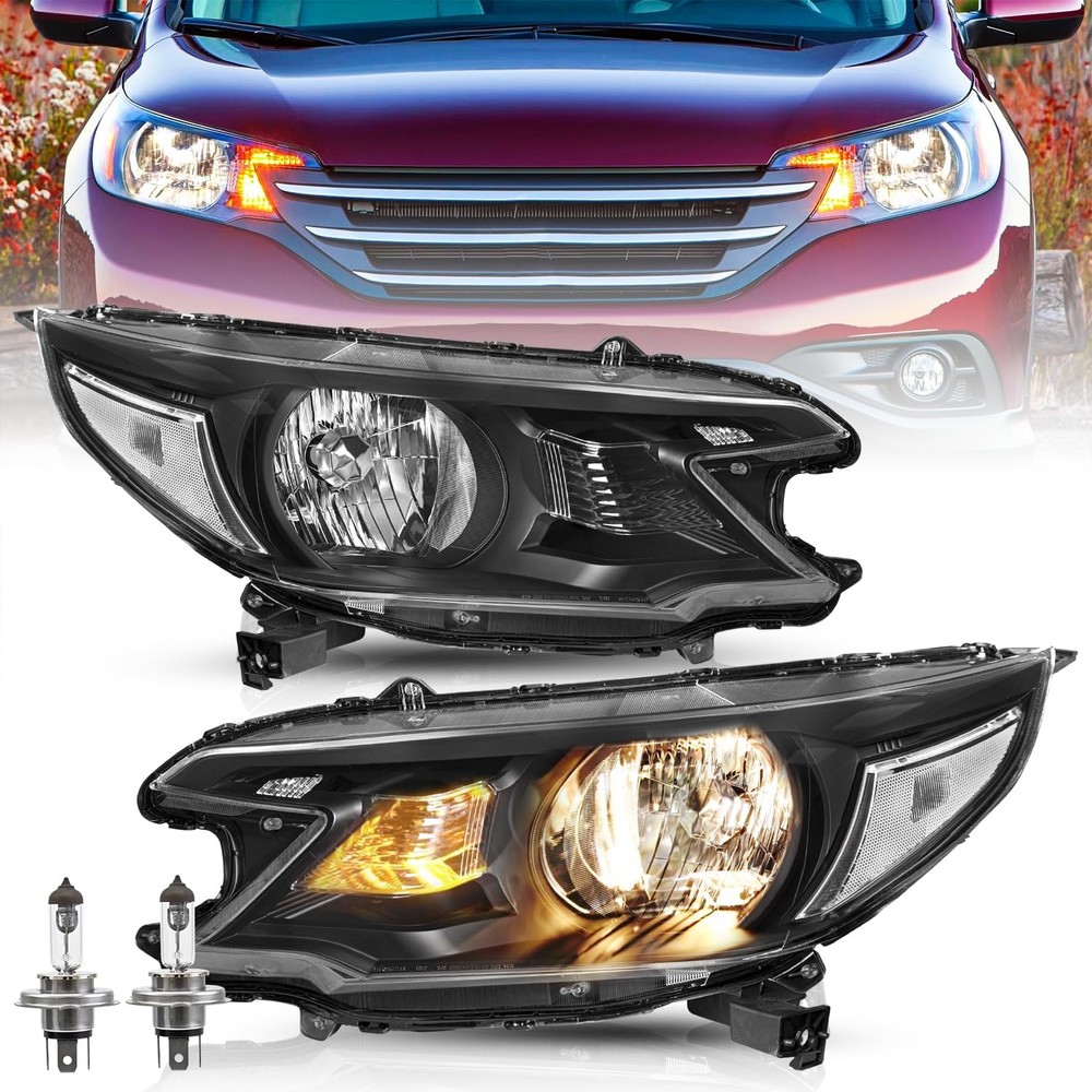 Headlight Assembly with Bulbs for 2012-14 CRV Black Housing Clear Reflector L&R