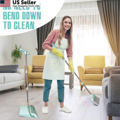 XXXFLOWER Broom and Dustpan Set with Cleaning Teeth, 55″ Long Bluish Green