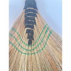 Vintage Style Handcrafted Natural Straw Whisk Broom Black Twine Green Stitching