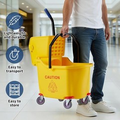 Yellow Commercial Mop Bucket 35 Quart Large with Side Press Wringer and Wheels