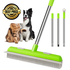 Pet Hair Removal Rubber Broom, Carpet rake with Squeegee for Cleaning Green