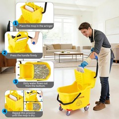Yellow Commercial Mop Bucket 35 Quart Large with Side Press Wringer and Wheels