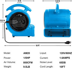 1/5Hp Air Mover 800Cfm Blower Fan Carpet Floor Drying Fan – 3-Speed Compact Air