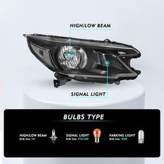 Headlight Assembly with Bulbs for 2012-14 CRV Black Housing Clear Reflector L&R
