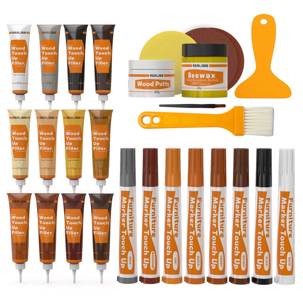 REALINN Wood Furniture Repair Kit- Set of 28 – Touch Up 28 Piece Set, Brown