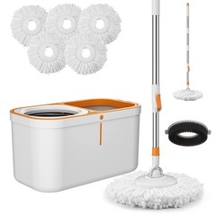 Spin Mop Bucket with Wringer System Extended Mop Handle 61＂Mop and Bucket