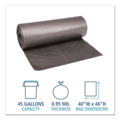 Boardwalk Can Liners, 45 gal, 0.95 mil, 40″x46″, Gray, 25 Bags/Roll, 8 Rolls/CT