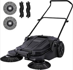 Black Walk-Behind Hand Push Floor Sweeper 25.6” Sweeping Width for Garage Patio
