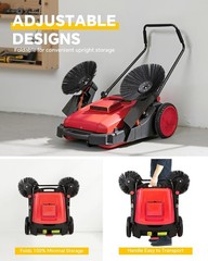 Walk-Behind Hand Push Floor Sweeper 41″ Width 15 Gallon Waste Container Kit Red