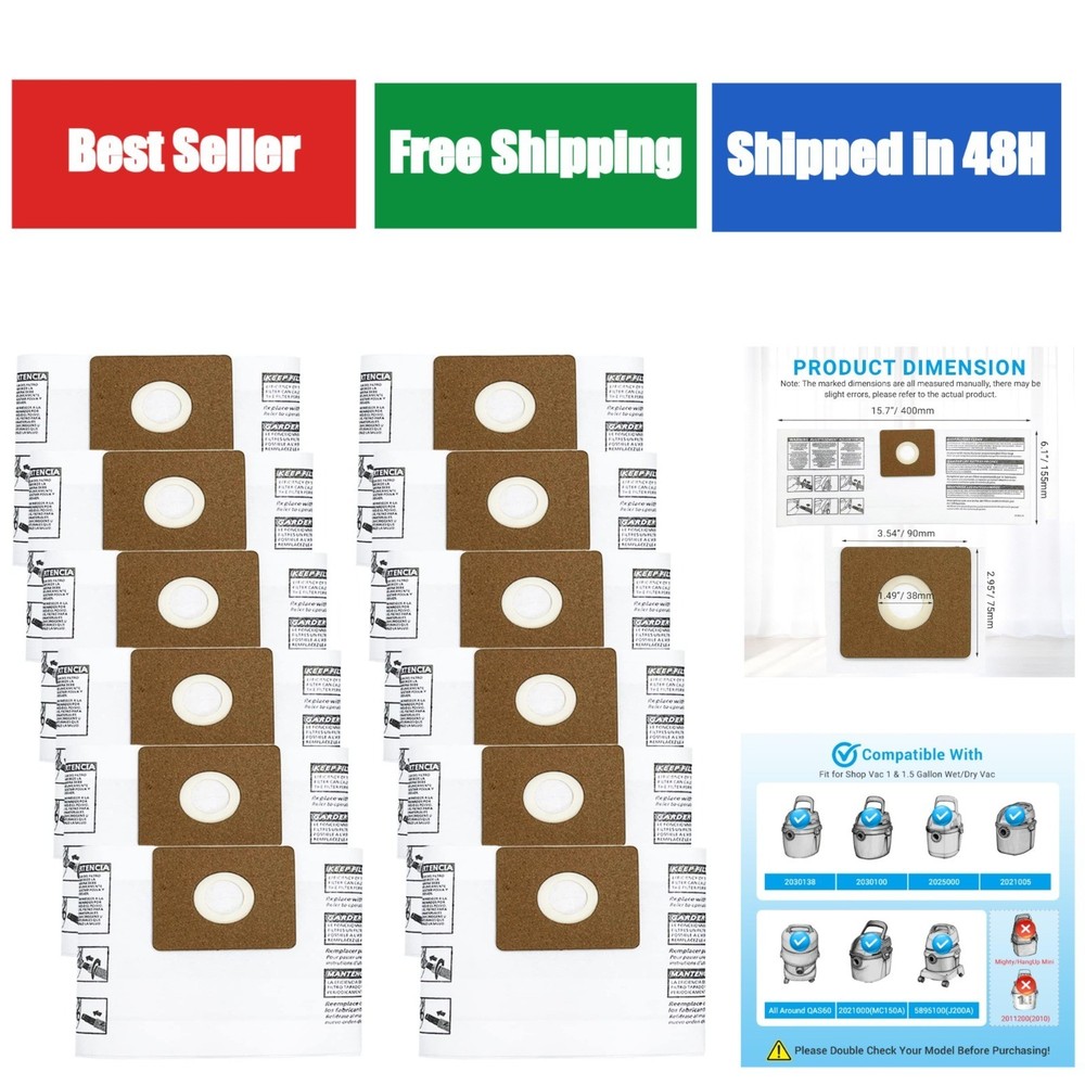 12 Pack 90667 Filter Bags for Shop-Vac 1-1.5 Gallon Wet/Dry Vacuum