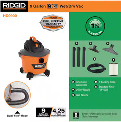 RIDGID 9 Gal. 4.25 Peak HP NXT Wet/Dry Vac w/ Debris Filter, Locking Hose & Acc.