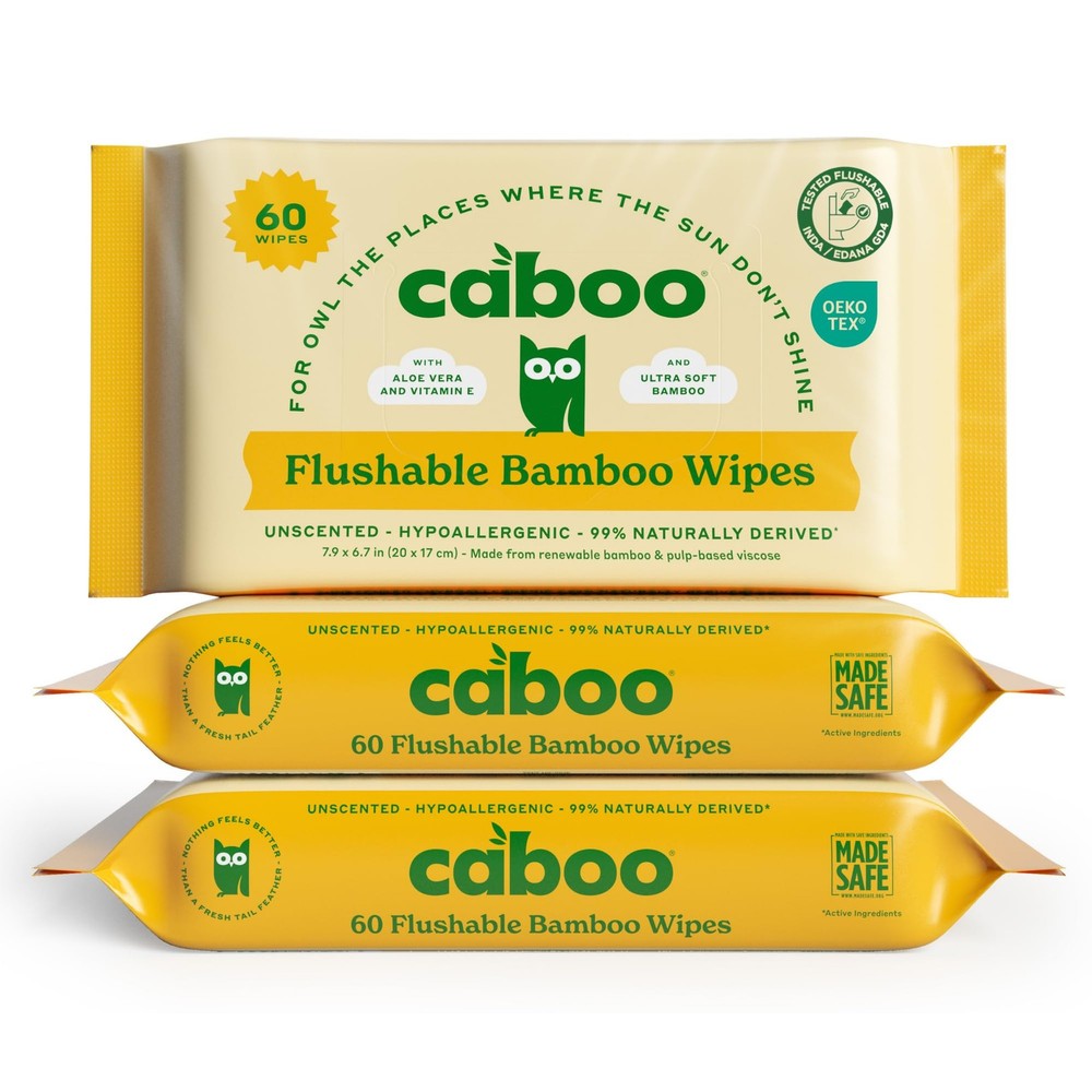 Caboo Tree Free Flushable Wipes, Certified 60 Count (Pack of 3), White
