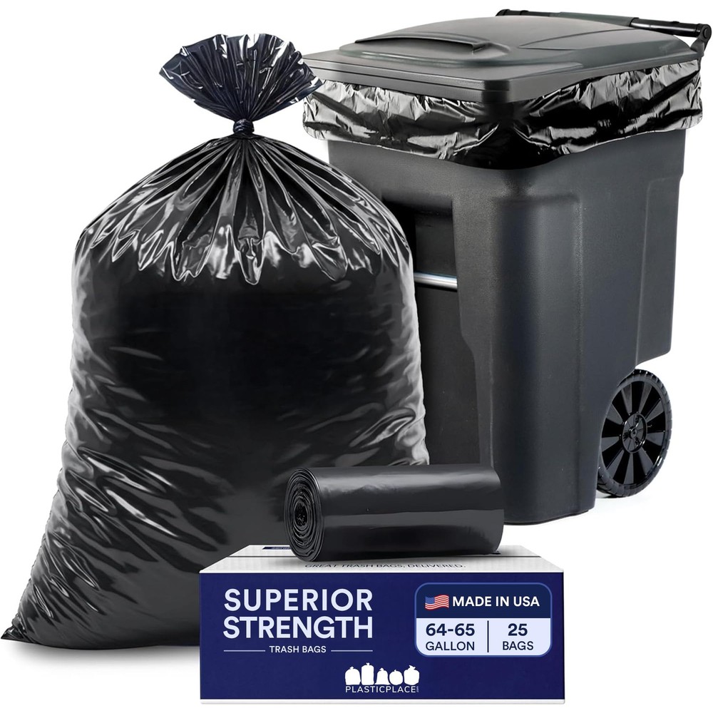 Plasticplace 64-65 Gallon Black Trash Bags Heavy Duty Toter Can Liners Tear