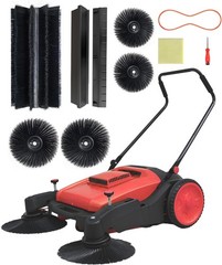 Walk-Behind Hand Push Floor Sweeper 41″ Width 15 Gallon Waste Container Kit Red