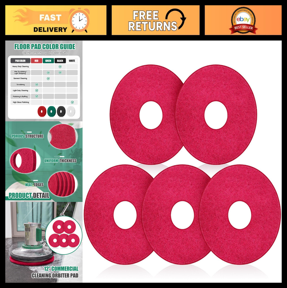 12″ Cleaning Orbiter Pads – 5 Pcs Commercial Floor Buffer & Scrubber for Hardwoo