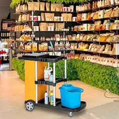 Commercial Cleaning Janitorial 3 Shelf Cart with Yellow Bag and Cover Black