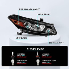 Headlight Assembly for 2008-2012 Accord Coupe Projector Headlamp Black Amber RH