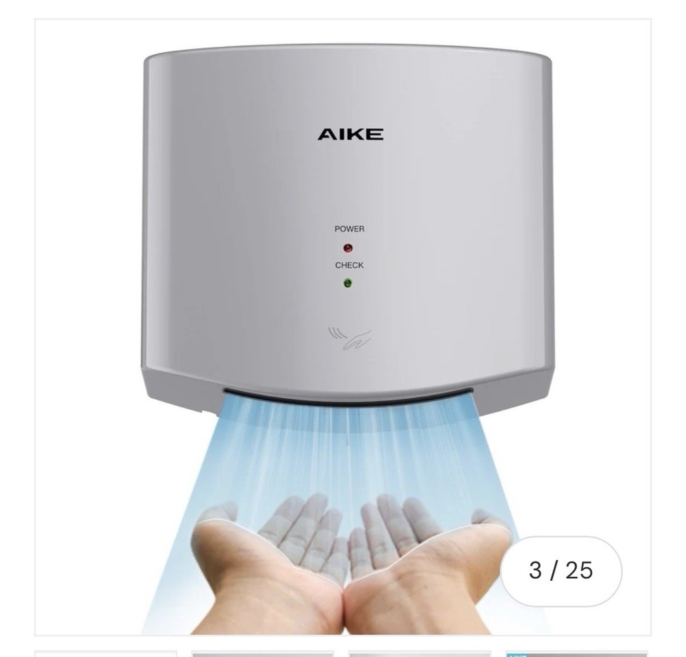 AIKE AK2630 Compact Hand Dryer 1400W – 110V Silver Air Wiper, 2-Pin Plug