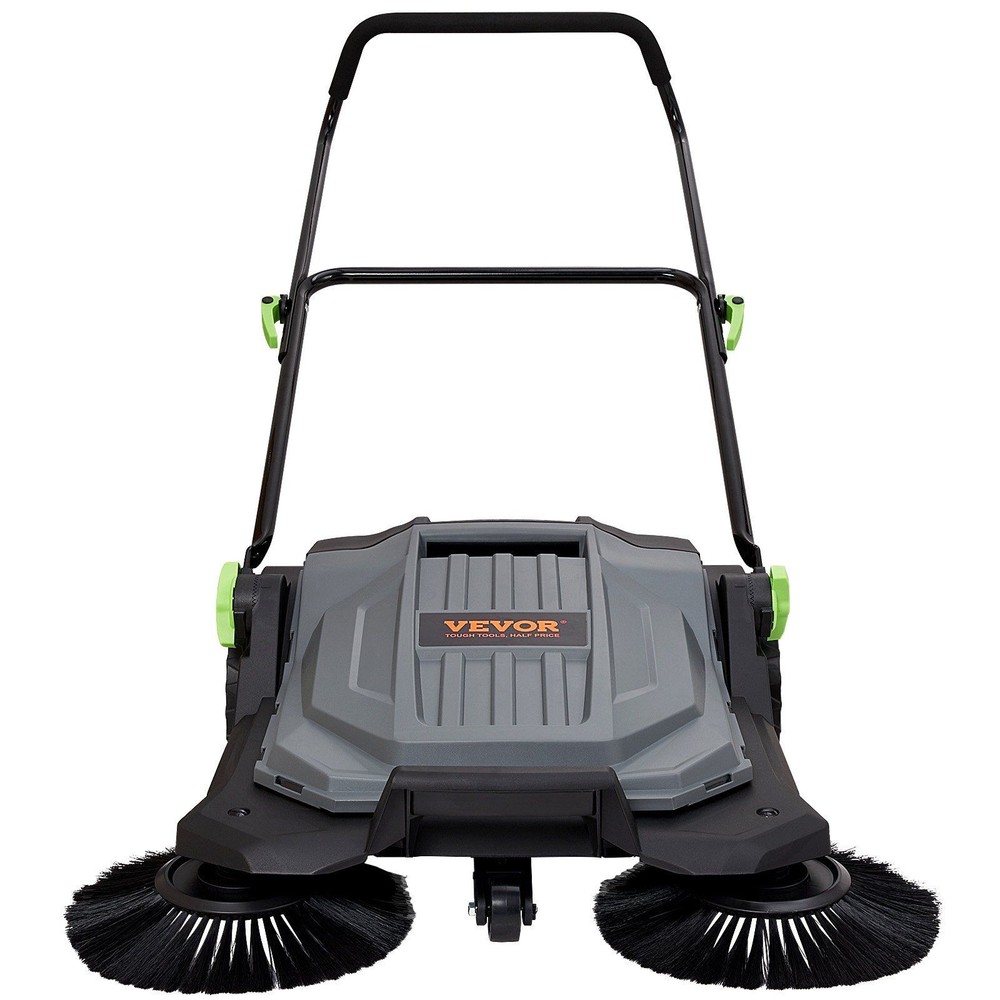 Outdoor Garage Sweeper 25.6in Path 5gal Waste Bucket with 2-Level Handle Adjust