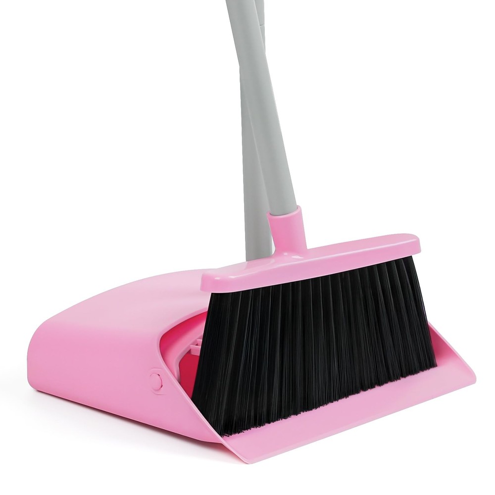 REEWII Pink Broom and Dustpan Set,58” Long Adjustable Handle Small