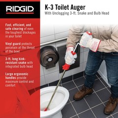 RIDGID 59787 Model K-3 Toilet Auger with Unclogging 3-foot, Stainless, Red