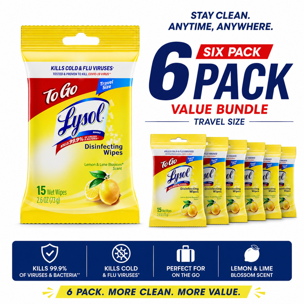 Lysol To Go Disinfecting Wipes Lemon Lime Travel Size 15 Ct 6 Pack Free Ship