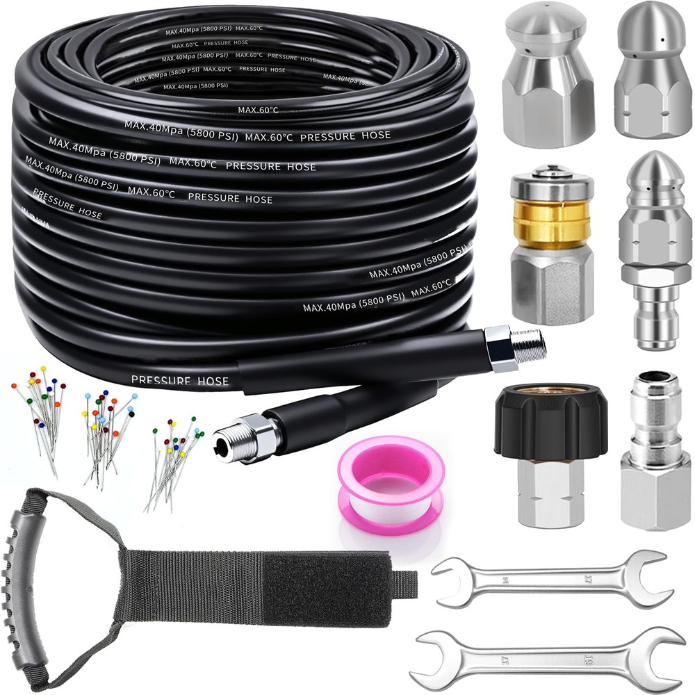Sewer Jetter Kit for Pressure Washer, 100FT Drain 100FT, Black -100FT hose