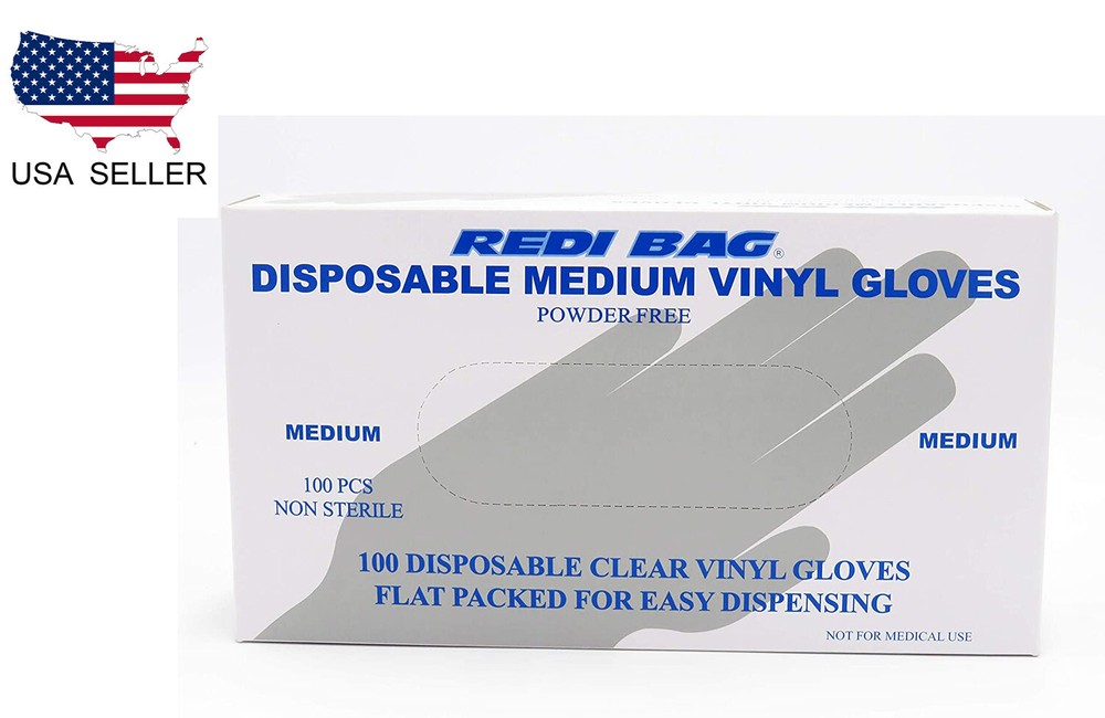Redi Bag, Disposable Vinyl Gloves, Latex-Free, Powder-Free, 100 Count (Medium)