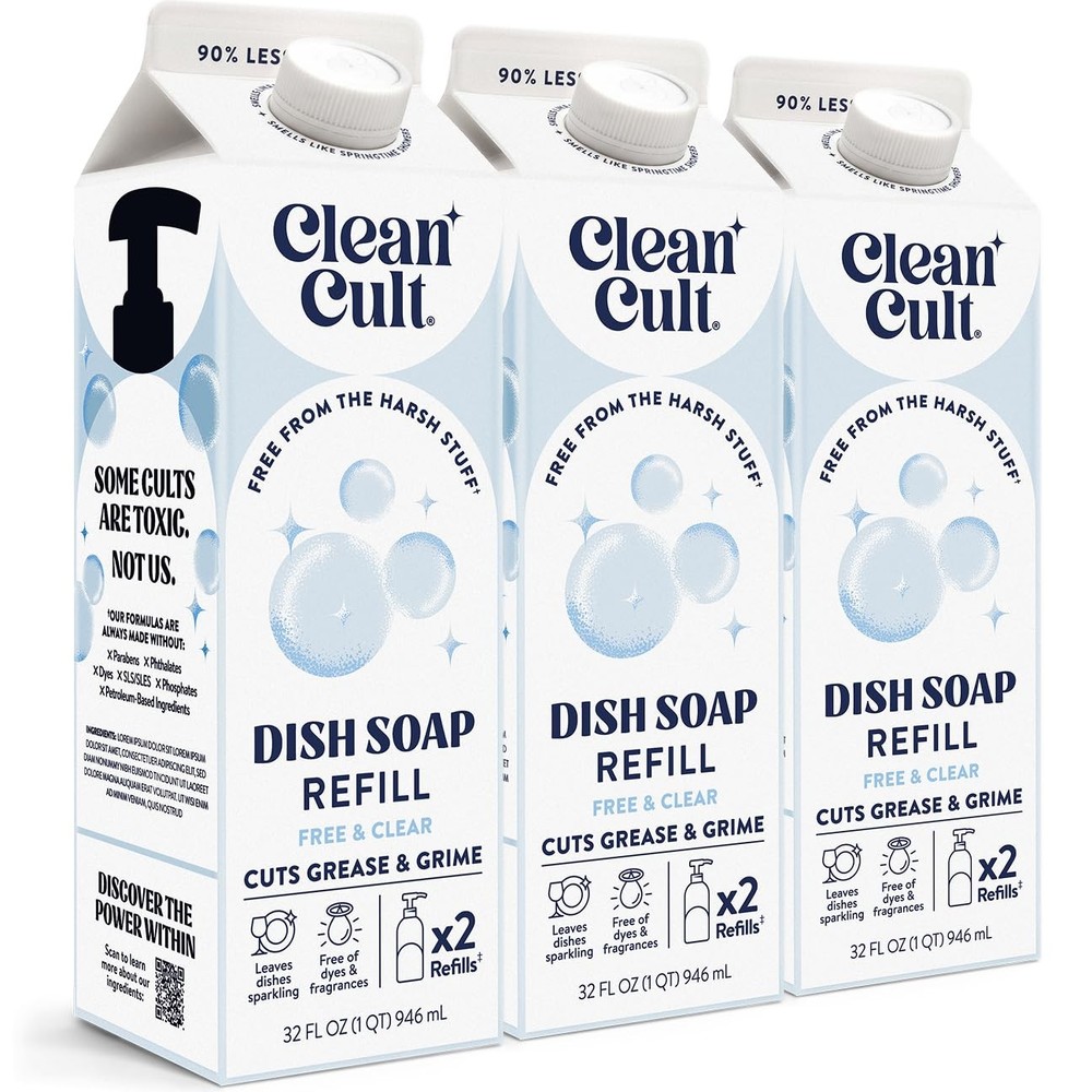 Cleancult Dish Soap Liquid Refills – Plant Based 32 Fl Oz (Pack of 3)