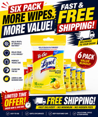 Lysol To Go Disinfecting Wipes Lemon Lime Travel Size 15 Ct 6 Pack Free Ship