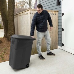 Tough 45 Gallon Wheeled Heavy Duty Plastic Garbage Can, Attached Lid, Black