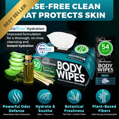 XL Body Wipes for Men 50 No Rinse Shower Sheets Travel Deodorant Washcloths