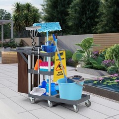 Mobile Janitorial Cleaning Cart – Black Caddy with Cover, Shelves & Bag