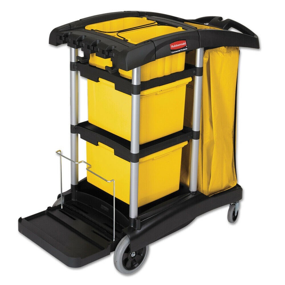 Rubbermaid FG9T7300BLA HYGEN Microfiber High-Capacity Janitor Cart with Bins