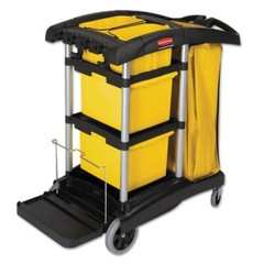 Rubbermaid FG9T7300BLA HYGEN Microfiber High-Capacity Janitor Cart with Bins