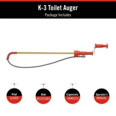 RIDGID 59787 Model K-3 Toilet Auger with Unclogging 3-foot, Stainless, Red