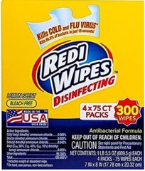 Redi Wipes Disinfecting Wipes 4×75 Count Packs- Lemon Scent – 300 Wipes New