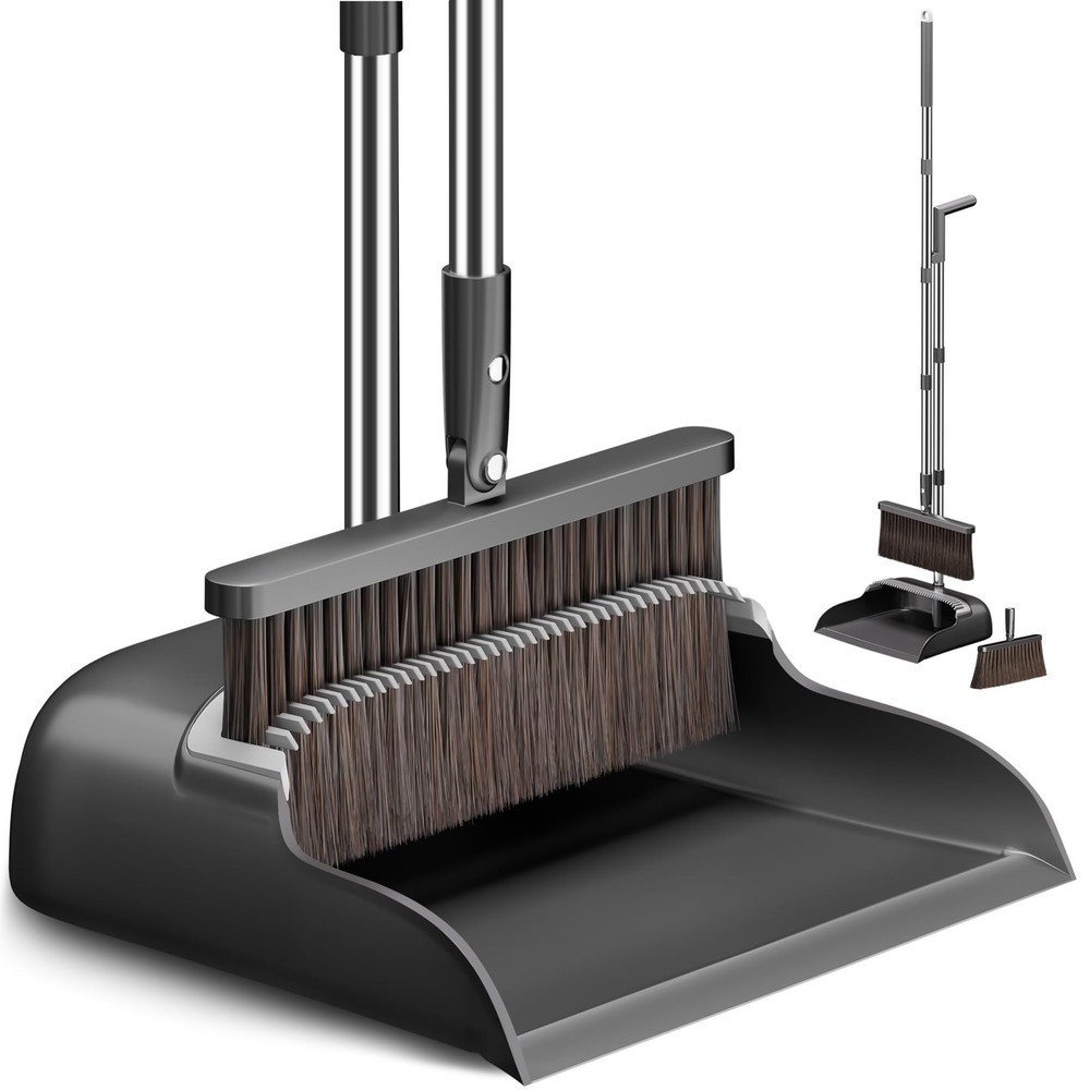 CTIME Broom and Dustpan Set, Extra Brush Head & 52″ Adjustable Black, Gray