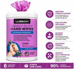 LUBECH Heavy Duty Hand Wipes, 6-Pack + Free Jumbo Accordion Windshield Sunshade.