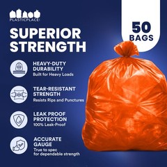 Plasticplace 55-60 Gallon Trash Bags, Orange, 1.2 Mil, 50 Count