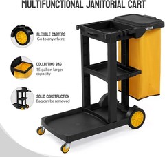 Heavy-Duty Commercial Cleaning Cart, 3-Shelf Design with Yellow Bag & Cover New