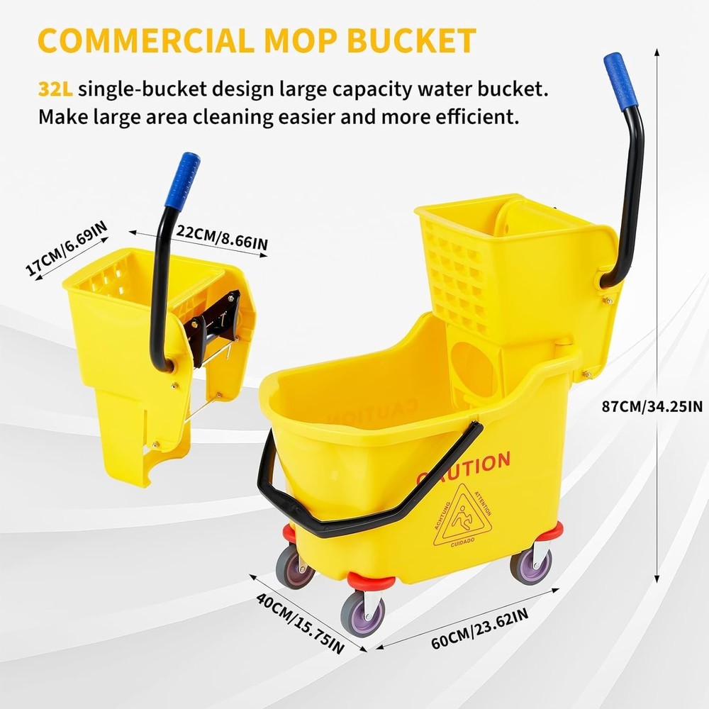 Yellow Commercial Mop Bucket 35 Quart Large with Side Press Wringer and Wheels